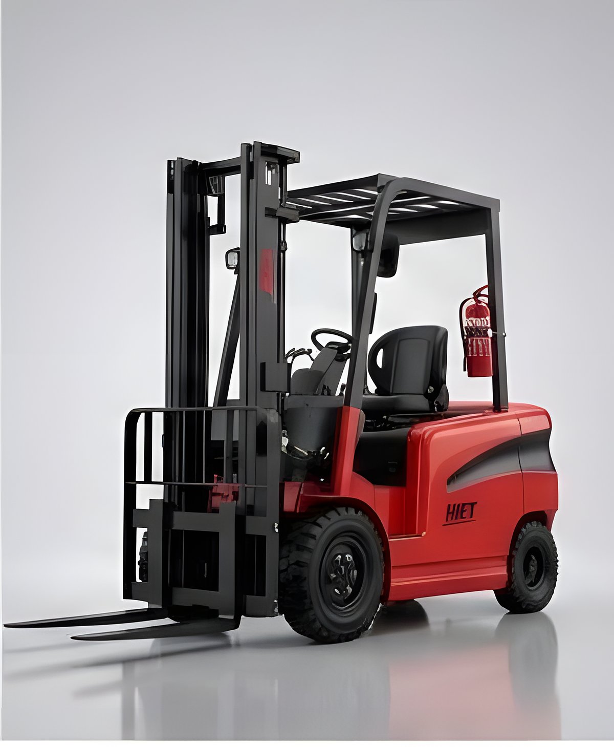 Red HILT CPD25 electric counterbalance forklift with triplex mast and a fire extinguisher mounted beside the seat