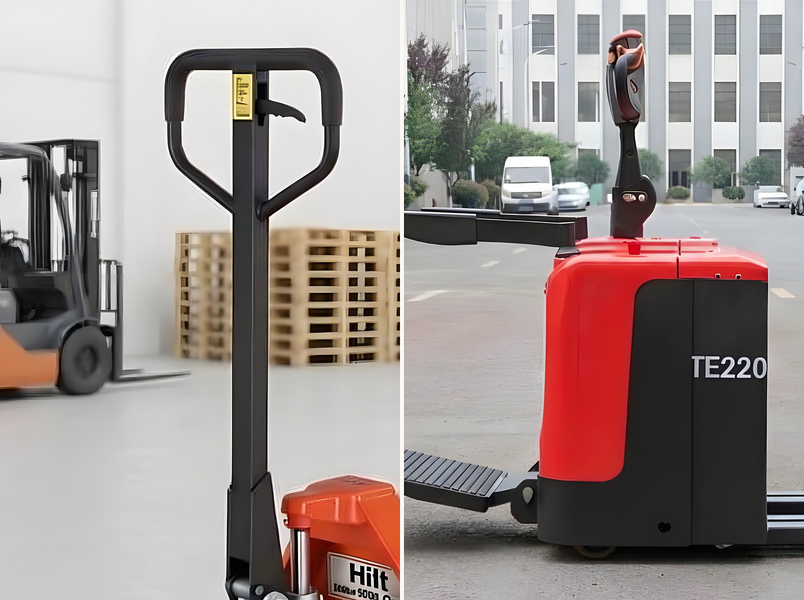 Orange Hilt DF30 hand pallet truck beside a red Hilt TE220 electric pallet truck