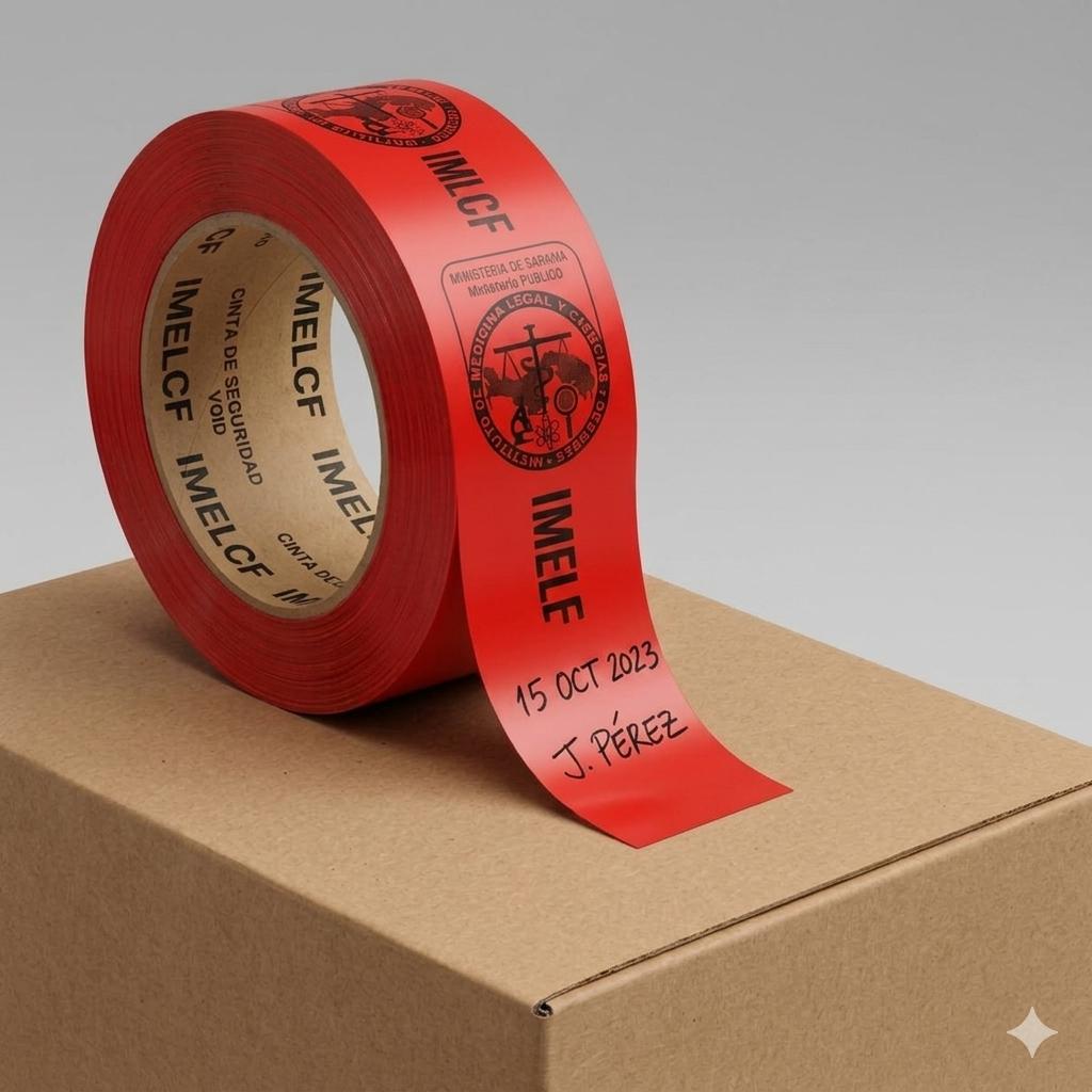 Red IMELCF security tape roll on a cardboard shipping box, with a writable strip showing a date and signature
