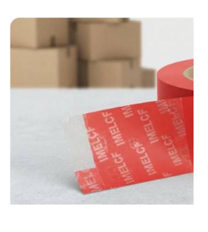 Removed red IMELCF security tape revealing its repeating tamper-evident message