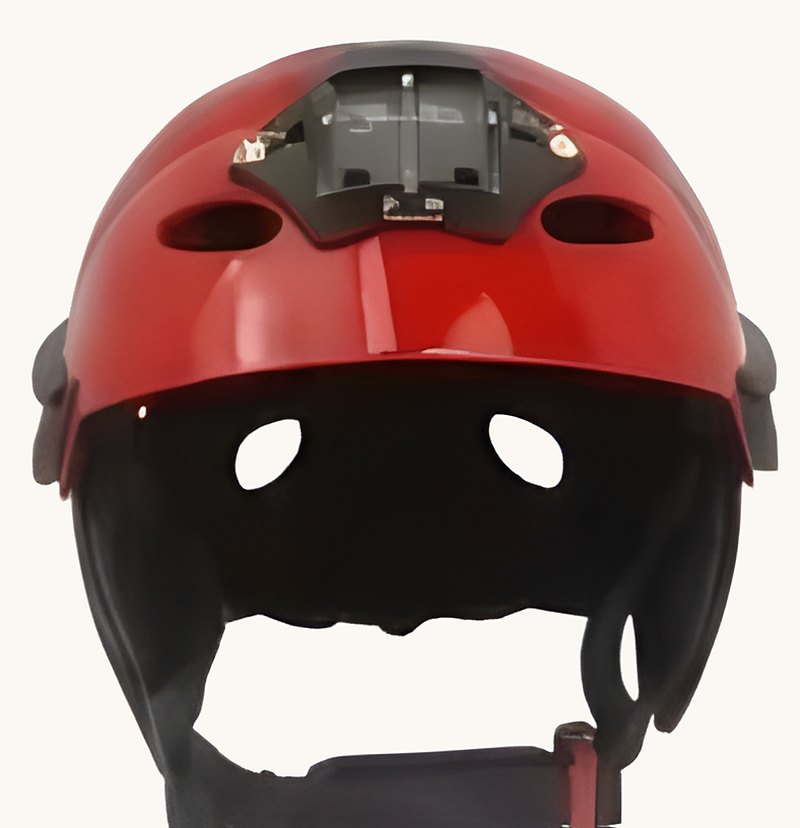 Red RongHe RH 037 water rescue helmet seen from the front, showing the accessory mount, vents, and chin strap