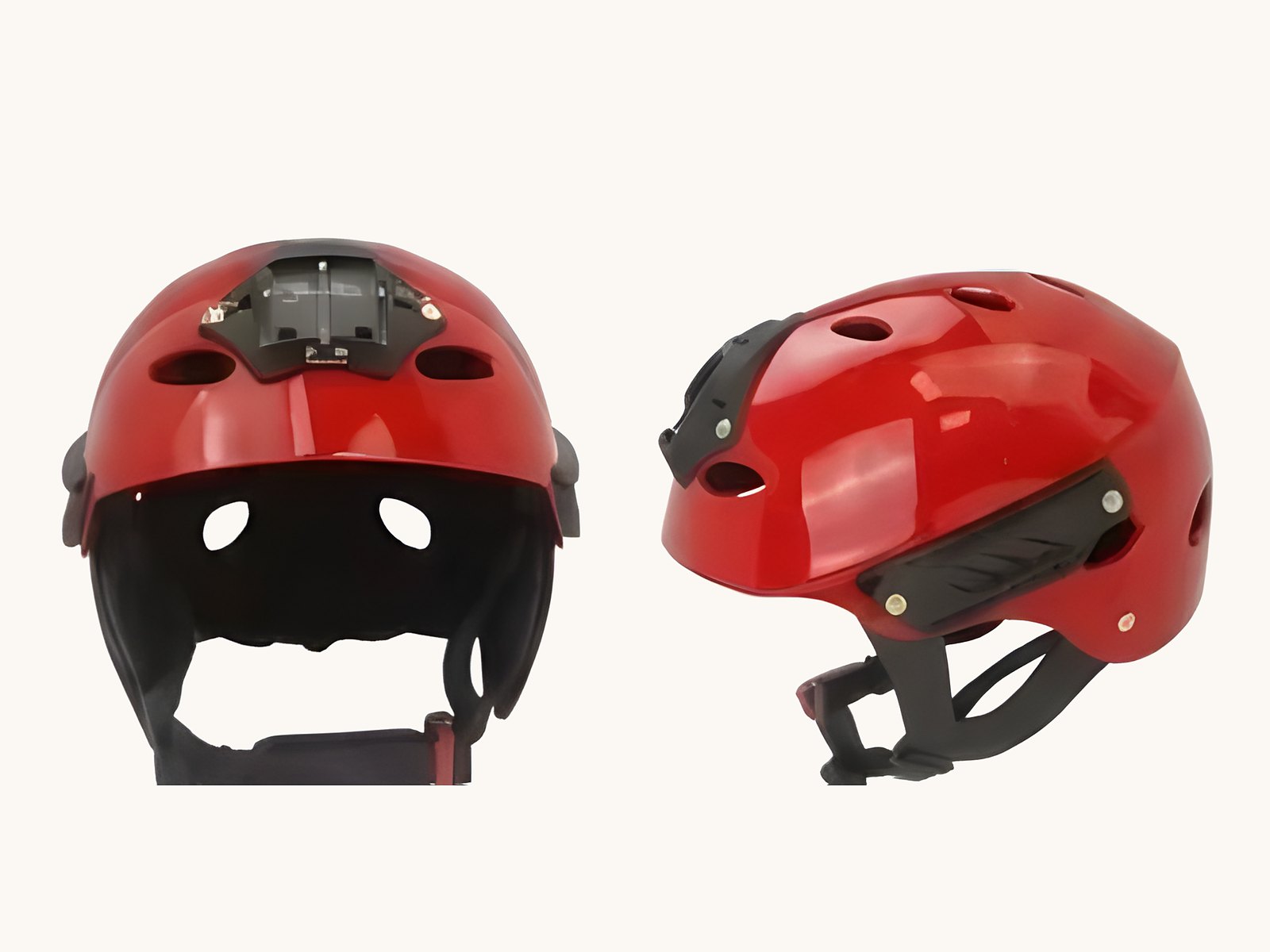 Red RongHe RH 037 water rescue helmet shown from the front and the side