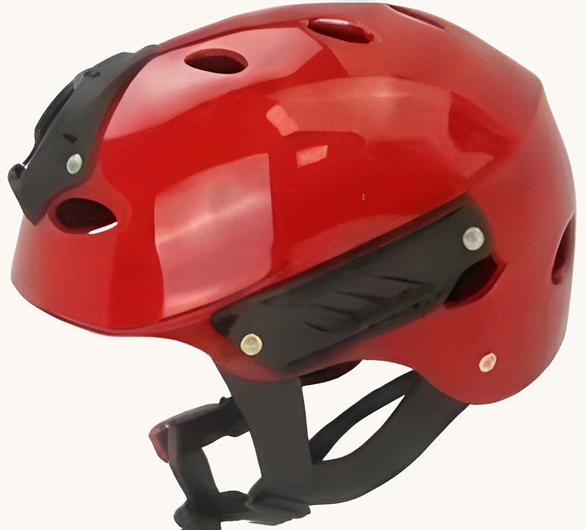 Red RongHe RH 037 water rescue helmet seen from the side, showing vents, the side rail, and the chin strap