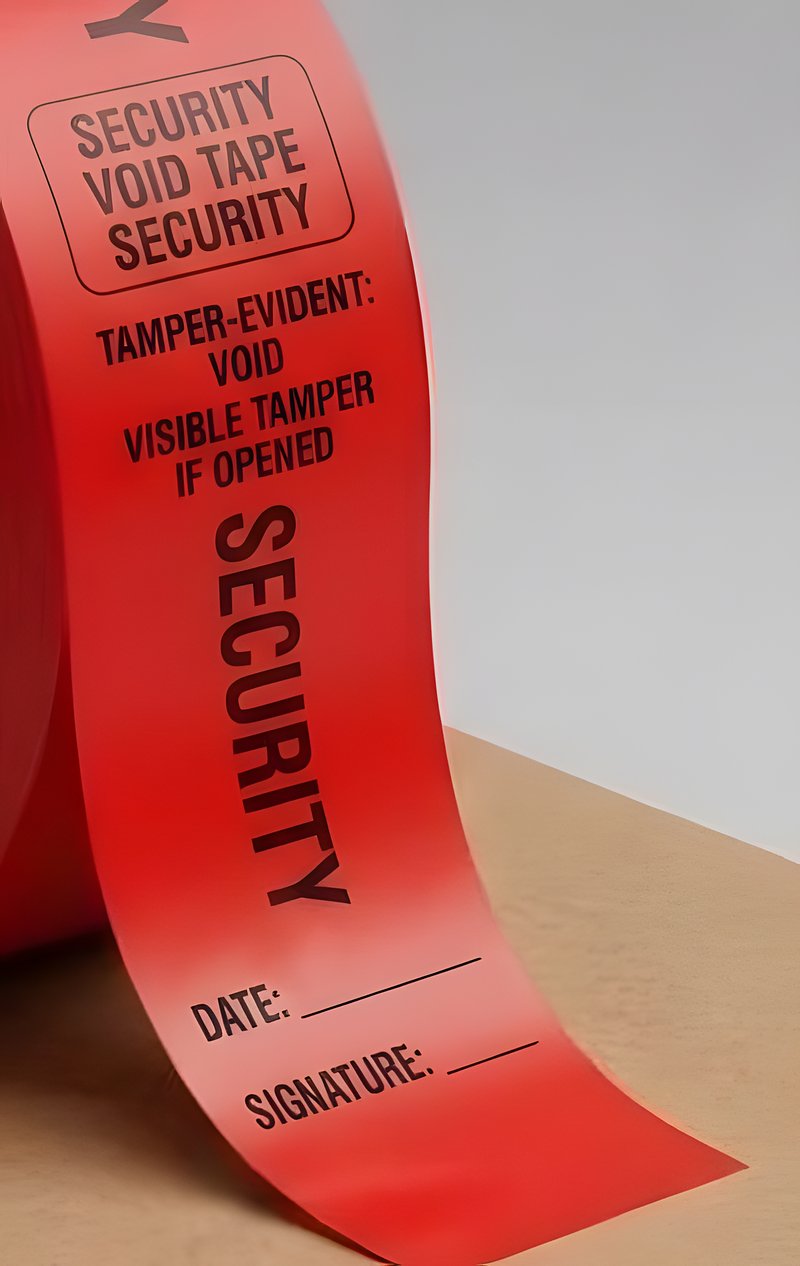 Close-up of the red tape strip printed with SECURITY VOID TAPE, tamper-evident wording, and blank date and signature lines