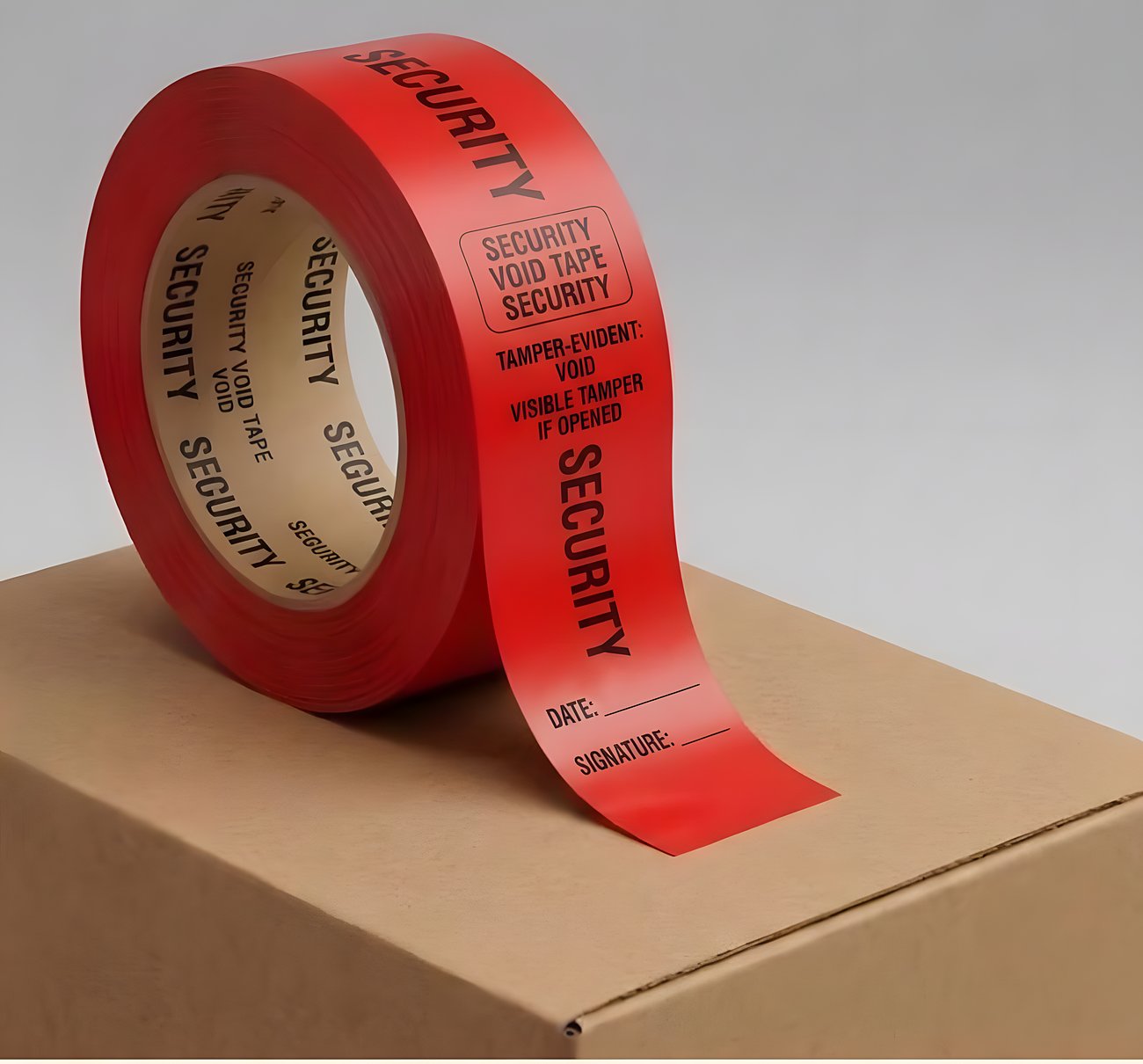 Red tamper-evident security tape roll on a shipping carton, its strip printed with blank date and signature lines